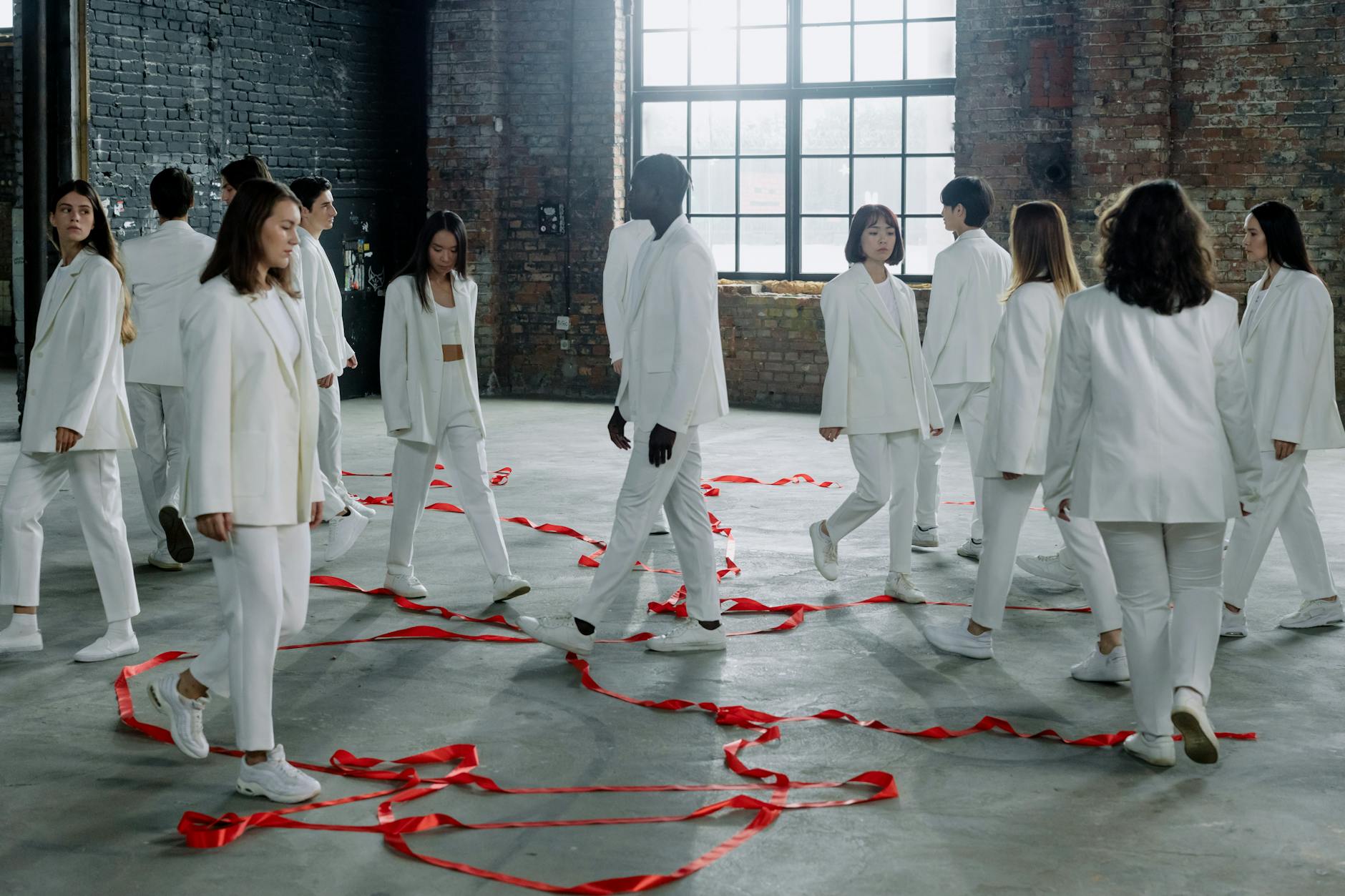group of people in white clothes walking pass each other